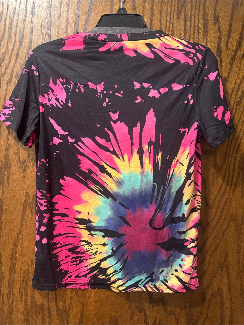 SHEIN Black V-Neck Short Sleeve Tee with Pink, Yellow & Blue Tie-Dye - Picture 3 of 3